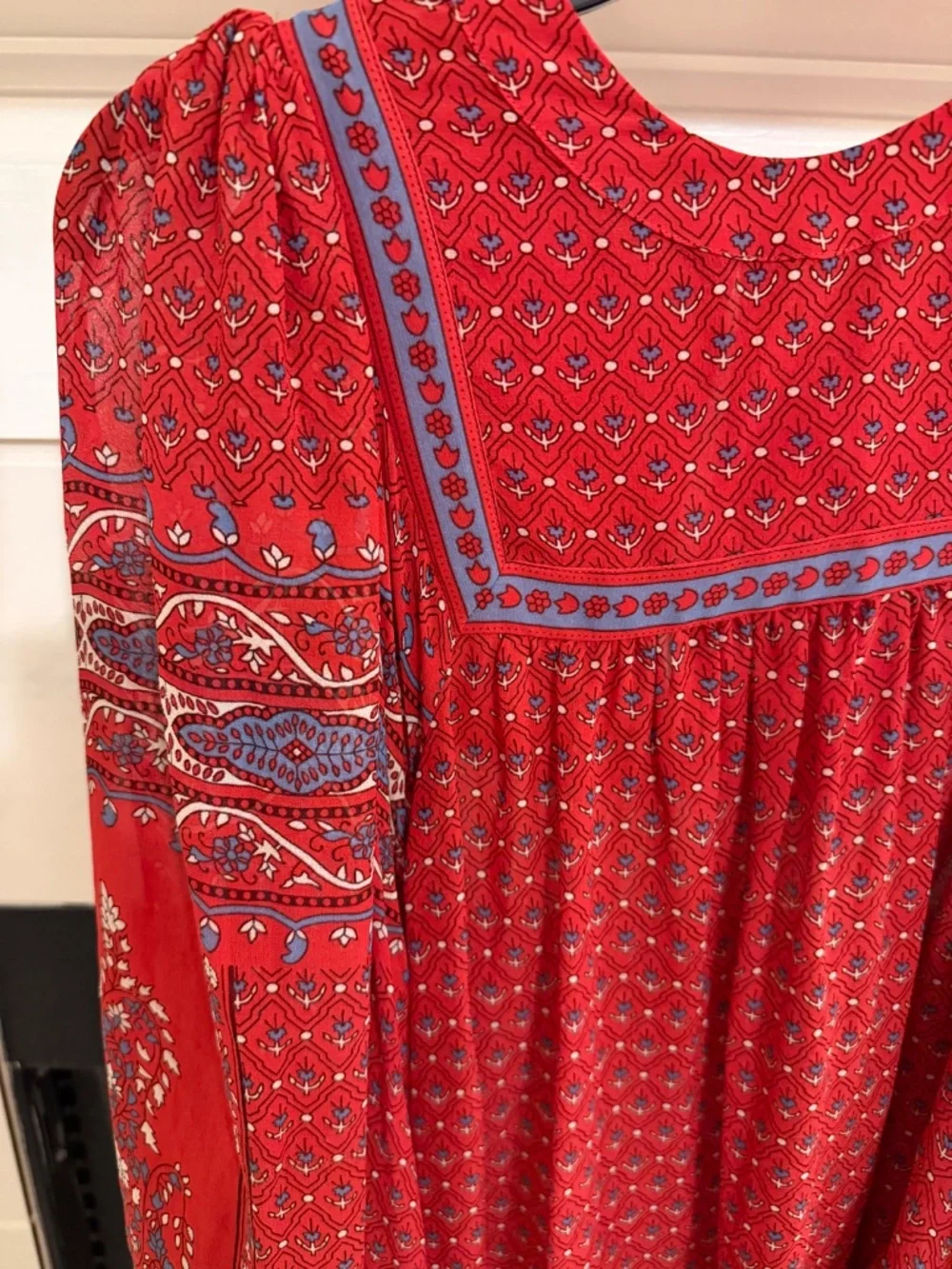 Ulla Johnson Caspia Silva Border Print Silk Blouse Red Blue Size 6